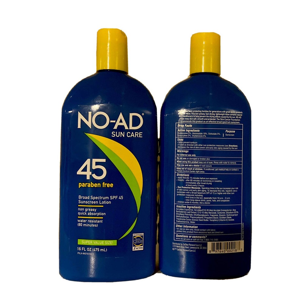 NO-AD Sunscreen SPF 45 Paraben Free 16oz Lot of 2